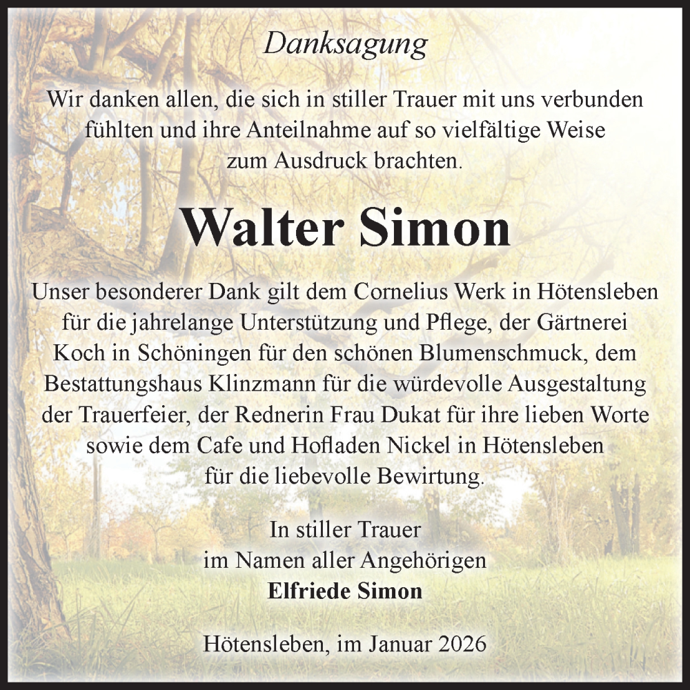  Traueranzeige für Walter Simon vom 24.01.2026 aus Volksstimme Oschersleben/Wanzleben