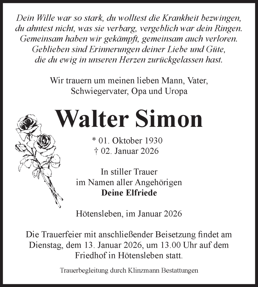  Traueranzeige für Walter Simon vom 10.01.2026 aus Volksstimme Oschersleben/Wanzleben