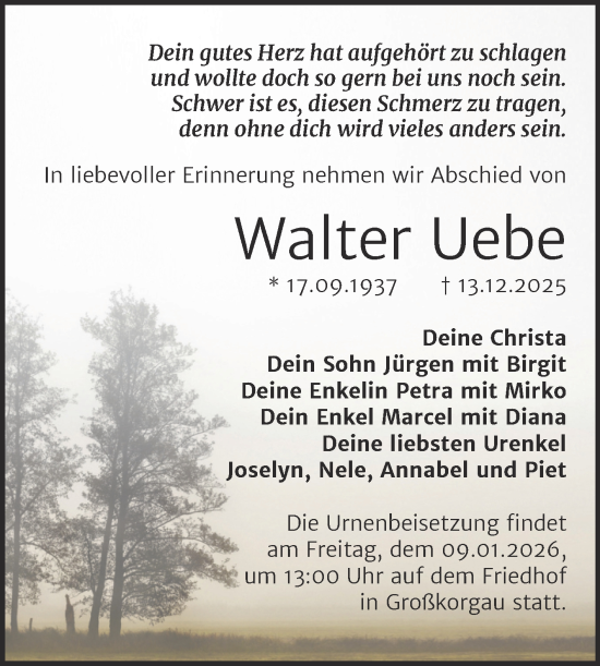 Traueranzeige von Walter Uebe von Trauerkombi Wittenberg