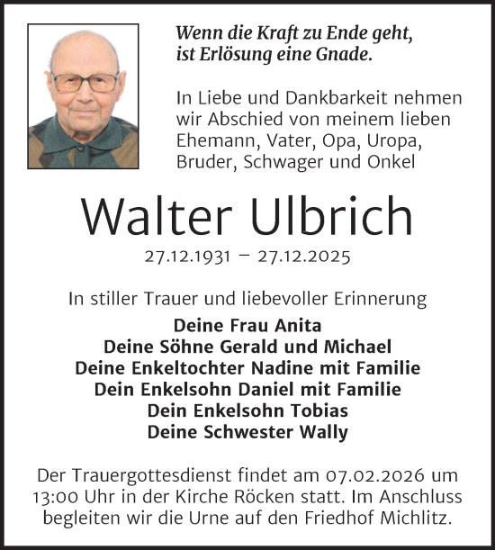 Traueranzeige von Walter Ulbrich von Super Sonntag Weißenfels
