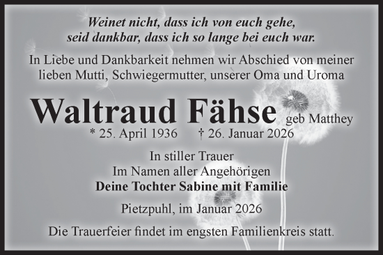 Traueranzeige von Waltraud Fähse von Volksstimme Burg/Genthin