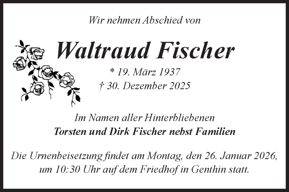  Traueranzeige für Waltraud Fischer vom 17.01.2026 aus Volksstimme Burg/Genthin