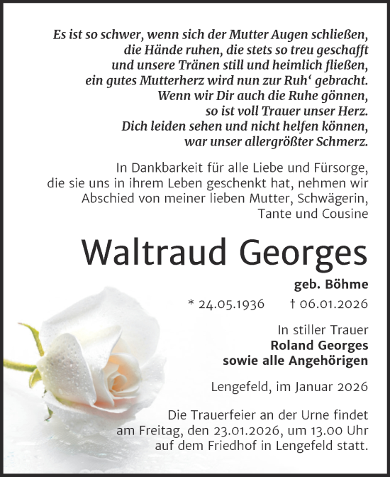 Traueranzeige von Waltraud Georges von Trauerkombi Sangerhausen