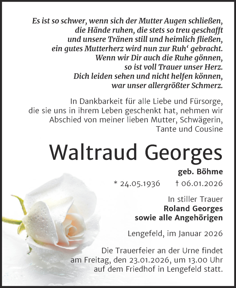  Traueranzeige für Waltraud Georges vom 14.01.2026 aus Trauerkombi Sangerhausen