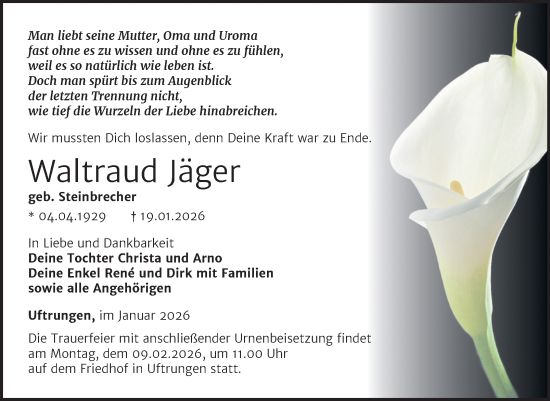 Traueranzeige von Waltraud Jäger von Trauerkombi Sangerhausen