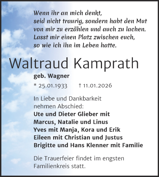 Traueranzeige von Waltraud Kamprath von Trauerkombi Sangerhausen