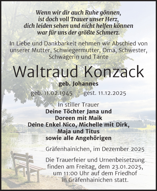 Traueranzeige von Waltraud Konzack von Trauerkombi Wittenberg