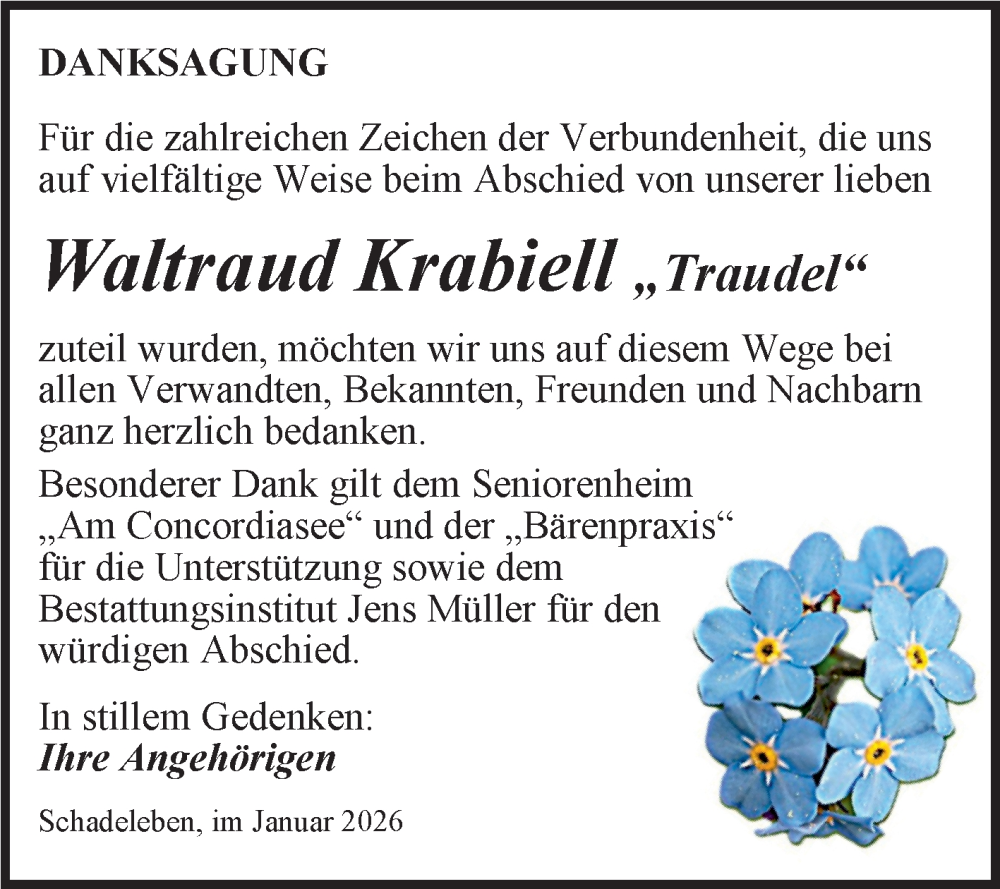  Traueranzeige für Waltraud Krabiell vom 31.01.2026 aus Trauerkombi Aschersleben