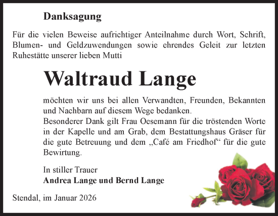 Traueranzeige von Waltraud Lange von Volksstimme Altmark Ost