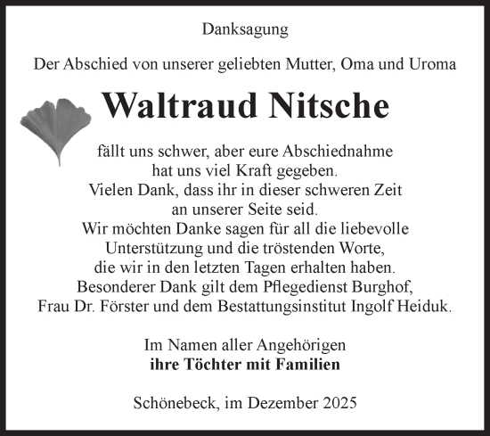 Traueranzeige von Waltraud Nitsche von Volksstimme Schönebeck
