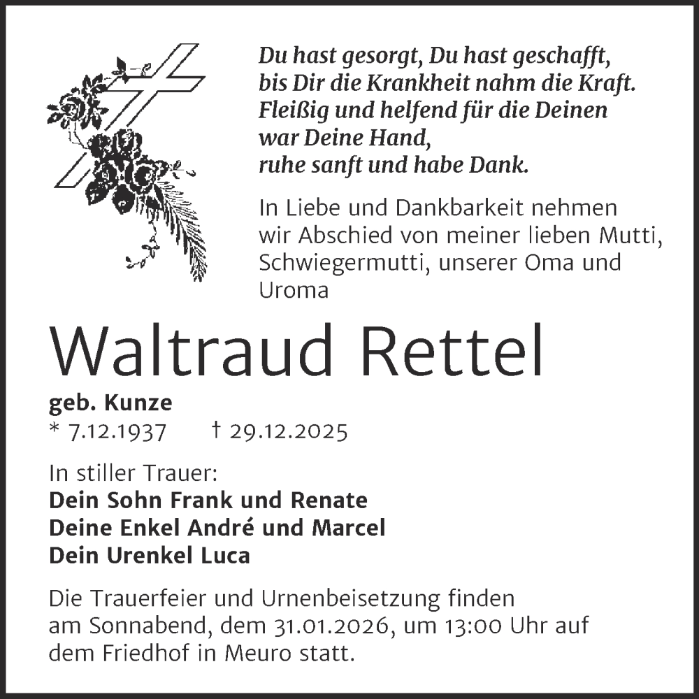  Traueranzeige für Waltraud Rettel vom 17.01.2026 aus Trauerkombi Wittenberg