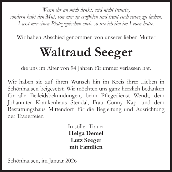 Traueranzeige von Waltraud Seeger von Volksstimme Altmark Ost