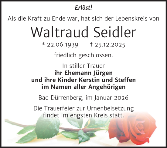 Traueranzeige von Waltraud Seidler von Trauerkombi Merseburg