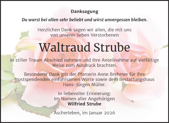 Traueranzeige von Waltraud Strube von Trauerkombi Aschersleben