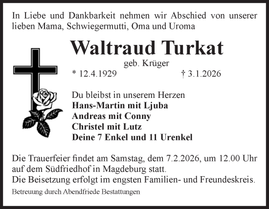 Traueranzeige von Waltraud Turkat von Volksstimme Magdeburg