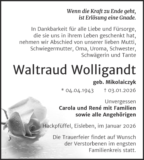 Traueranzeige von Waltraud Wolligandt von Trauerkombi Sangerhausen