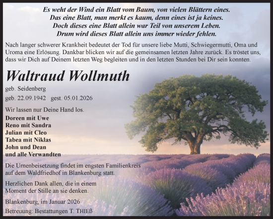 Traueranzeige von Waltraud Wollmuth von Volksstimme Wernigerode