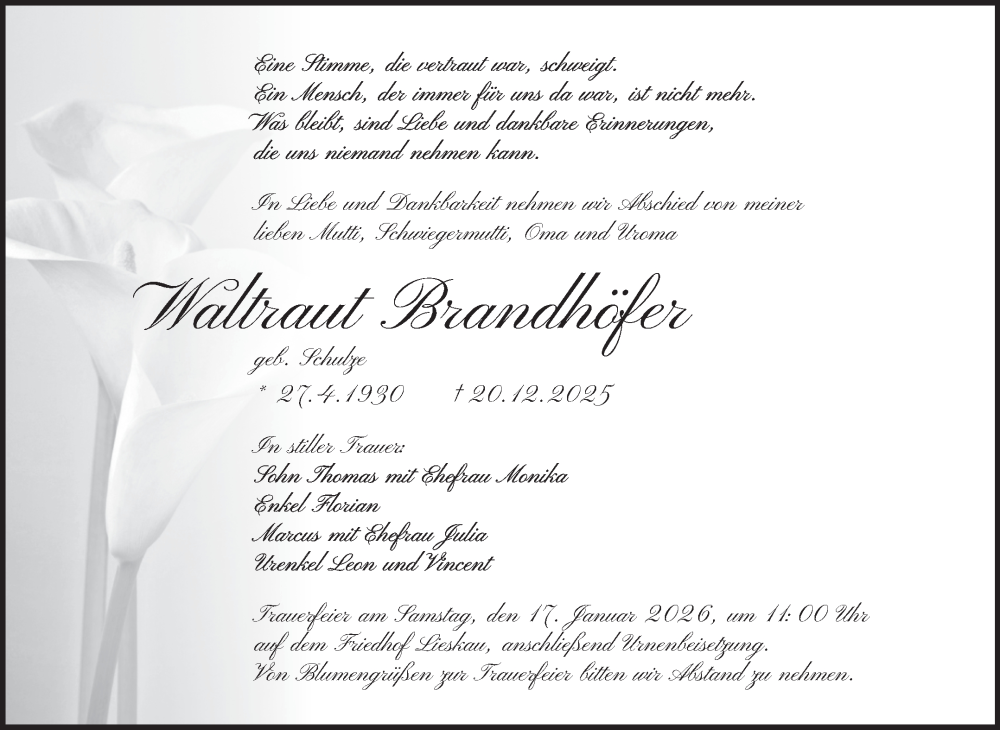  Traueranzeige für Waltraut Brandhöfer vom 10.01.2026 aus Mitteldeutsche Zeitung Halle/Saalkreis