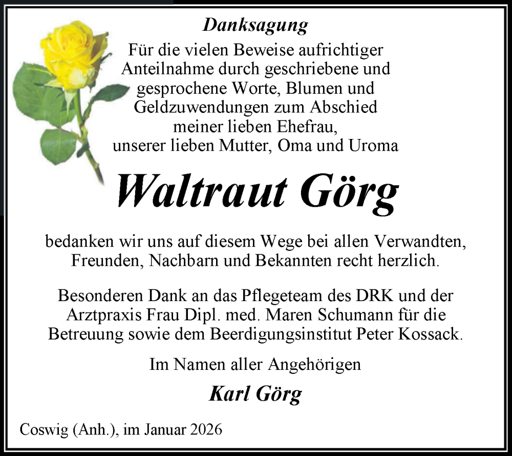  Traueranzeige für Waltraut Görg vom 24.01.2026 aus Trauerkombi Wittenberg
