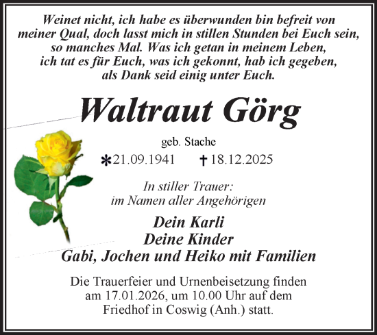 Traueranzeige von Waltraut Gorg von Trauerkombi Wittenberg