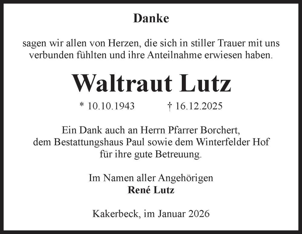  Traueranzeige für Waltraut Lutz vom 31.01.2026 aus Volksstimme Altmark West