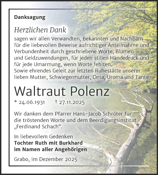 Traueranzeige von Waltraut Polenz von Trauerkombi Wittenberg