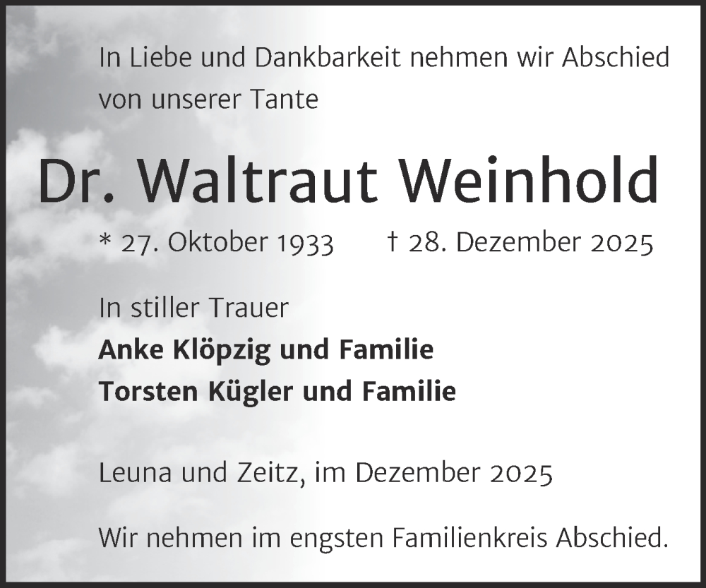  Traueranzeige für Waltraut Weinhold vom 10.01.2026 aus Trauerkombi Merseburg