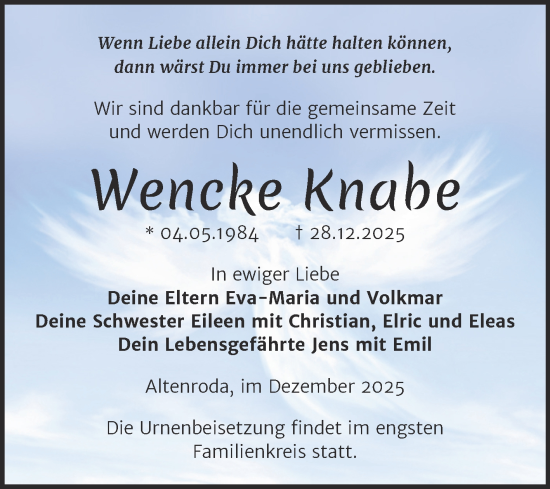 Traueranzeige von Wencke Knabe von Super Sonntag Naumburg/Nebra