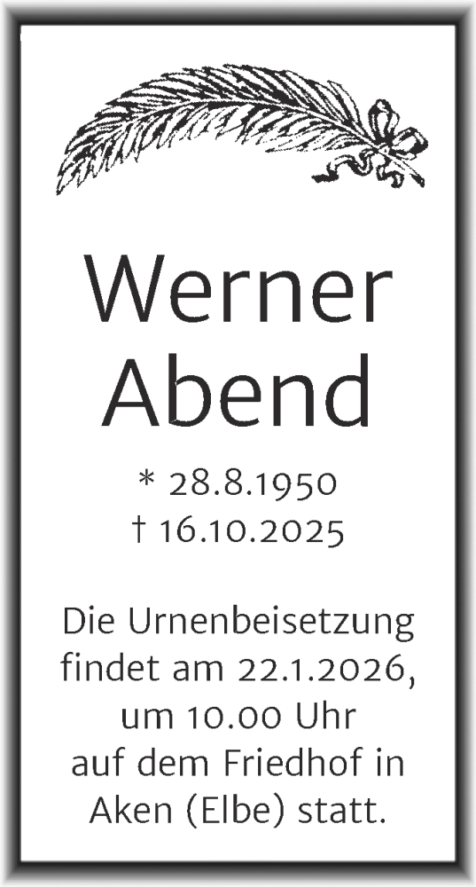 Traueranzeige von Werner Abend von Trauerkombi Köthen