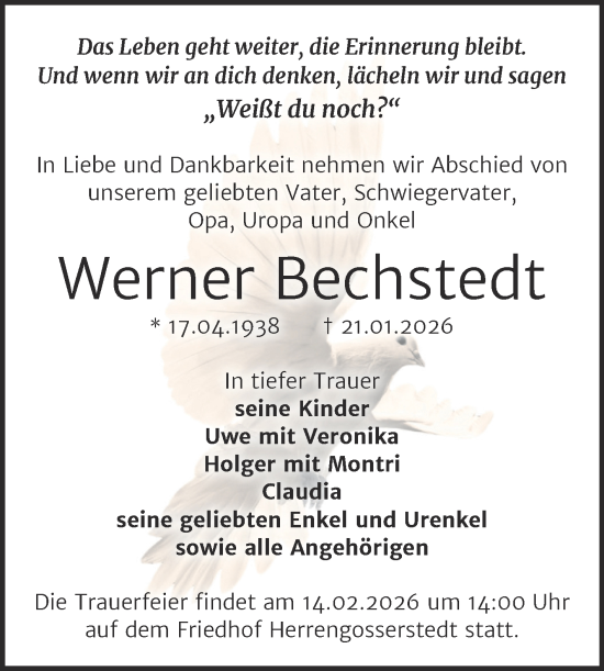 Traueranzeige von Werner Bechstedt von Super Sonntag Naumburg/Nebra