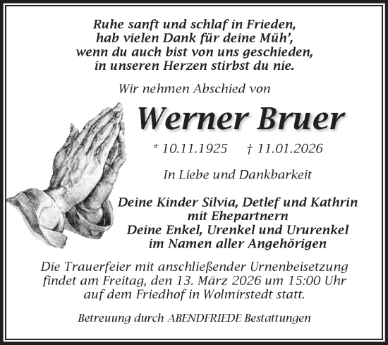 Traueranzeige von Werner Bruer von Volksstimme Haldensleben/Wolmirstedt