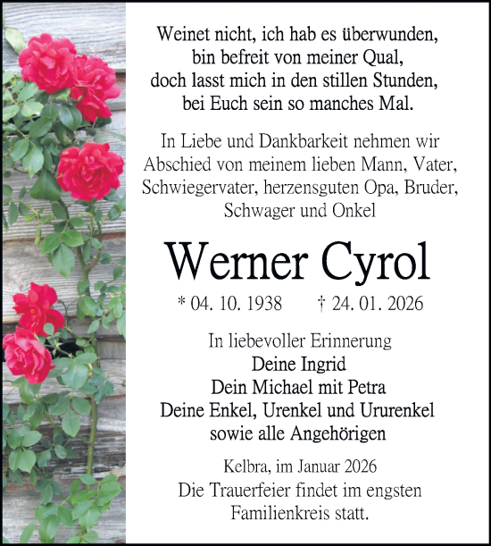 Traueranzeige von Werner Cyrol von Trauerkombi Sangerhausen