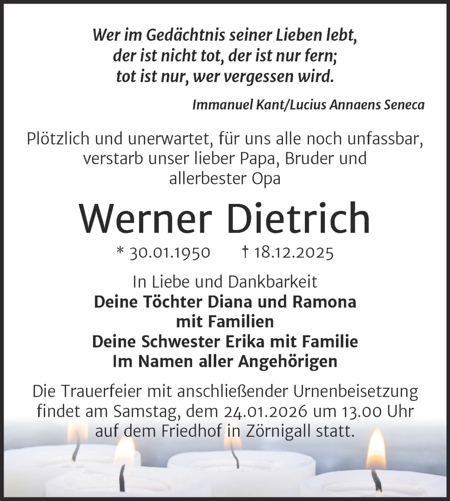  Traueranzeige für Werner Dietrich vom 03.01.2026 aus Trauerkombi Wittenberg
