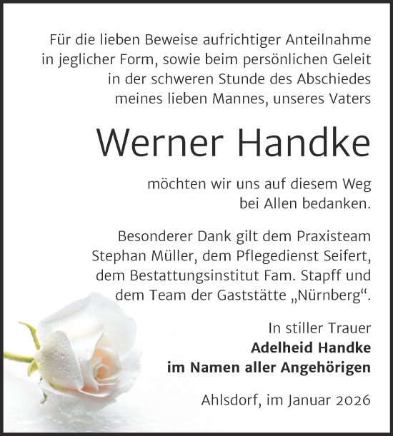 Traueranzeige von Werner Handke von Trauerkombi Mansfelder Land