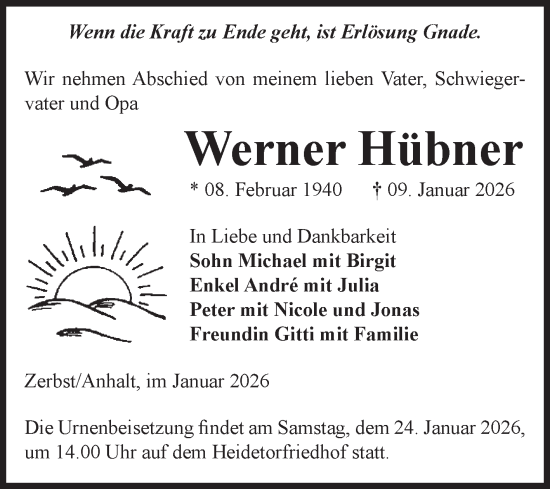 Traueranzeige von Werner Hübner von Volksstimme Zerbst