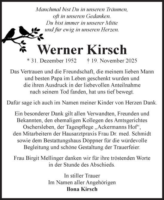 Traueranzeige von Werner Kirsch von Volksstimme Oschersleben/Wanzleben