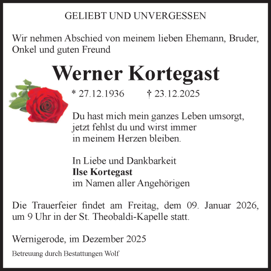 Traueranzeige von Werner Kortegast von Volksstimme Wernigerode