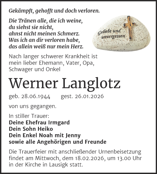 Traueranzeige von Werner Langlotz von Trauerkombi Köthen