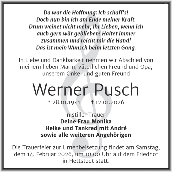 Traueranzeige von Werner Pusch von Trauerkombi Mansfelder Land