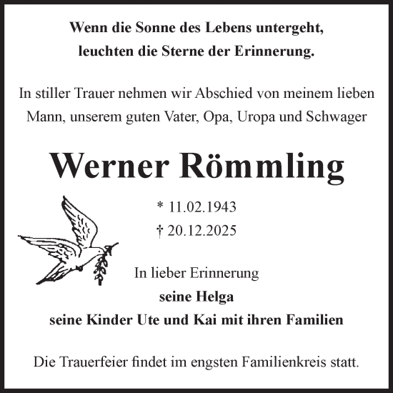 Traueranzeige von Werner Römmling von Volksstimme Halberstadt