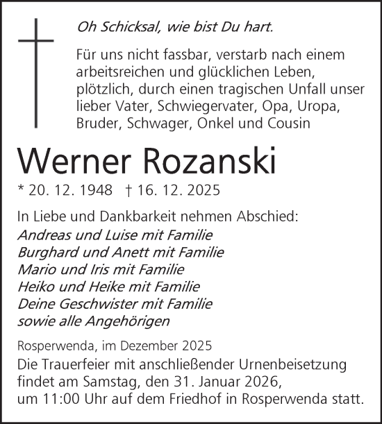 Traueranzeige von Werner Rozanski von Trauerkombi Sangerhausen