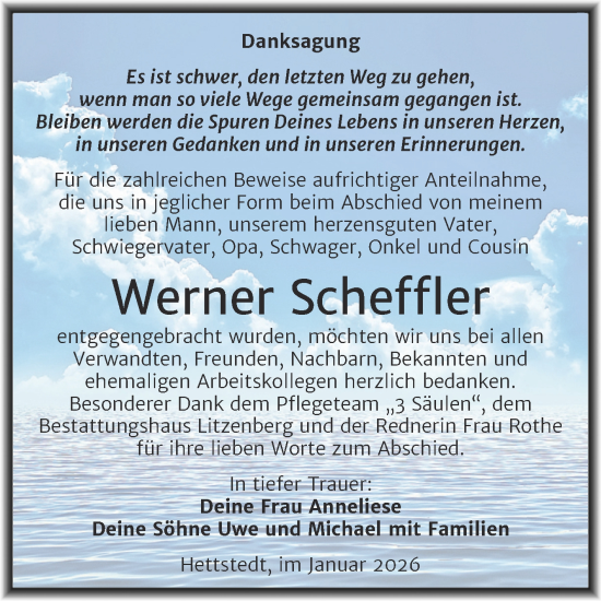 Traueranzeige von Werner Scheffler von Trauerkombi Mansfelder Land