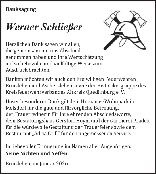 Traueranzeige von Werner Schließer von Trauerkombi Quedlinburg