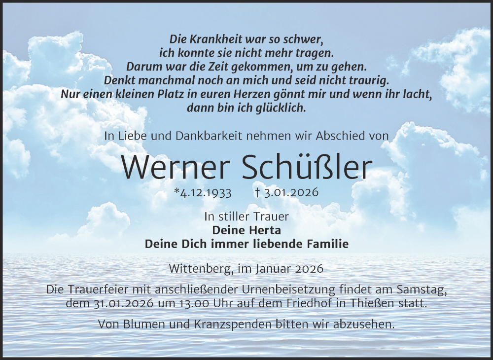  Traueranzeige für Werner Schüßler vom 17.01.2026 aus Trauerkombi Wittenberg
