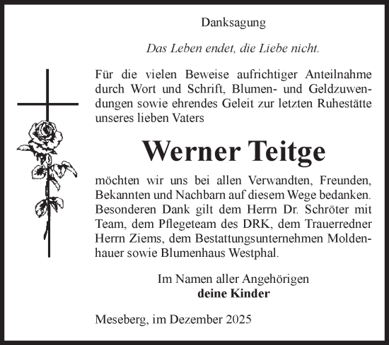 Traueranzeige von Werner Teitge von Volksstimme Altmark Ost