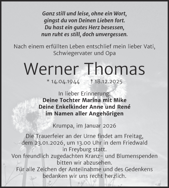 Traueranzeige von Werner Thomas von Super Sonntag Merseburg/Querfurt