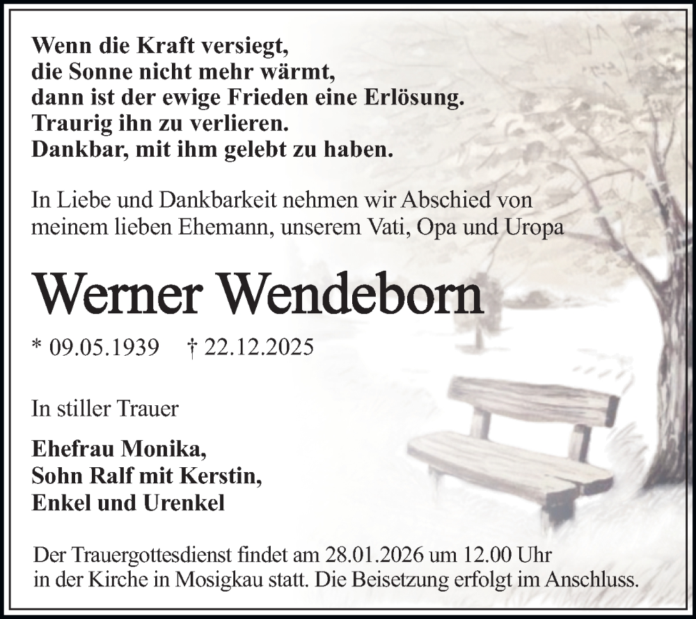  Traueranzeige für Werner Wendeborn vom 10.01.2026 aus Trauerkombi Dessau