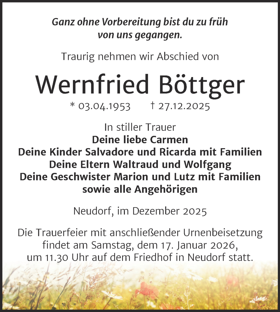  Traueranzeige für Wernfried Böttger vom 10.01.2026 aus Trauerkombi Quedlinburg
