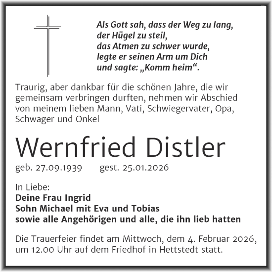 Traueranzeige von Wernfried Distler von Mitteldeutsche Zeitung Mansfelder Land
