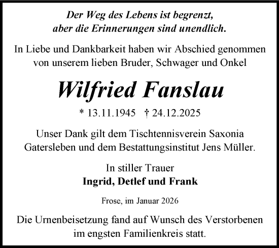 Traueranzeige von Wilfried Fanslau von Trauerkombi Aschersleben